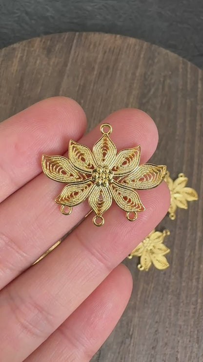 2PCS 24K Gold Plated Filigree Lotus Connector, DIY Jewelry Making Charm