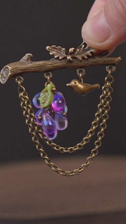 Handmade Grape & Bird Branch Brooch, Czech Glass Pin, Vintage Style Woodland Jewelry