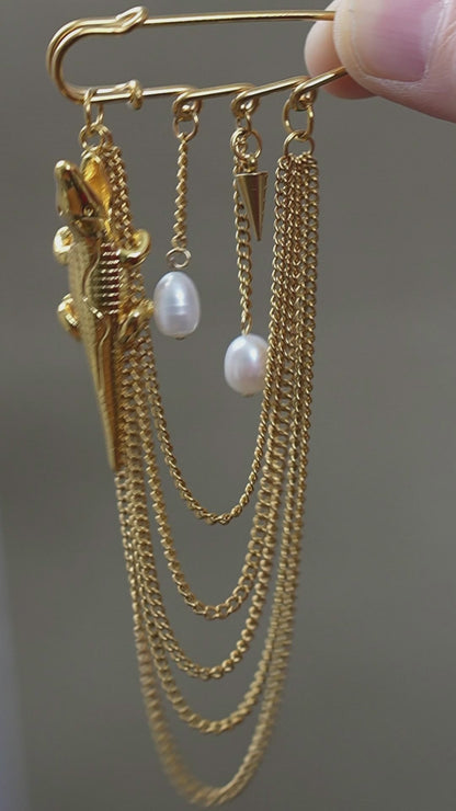 Gold Crocodile Brooch with Pearls, Vintage Alligator Pin with Chains