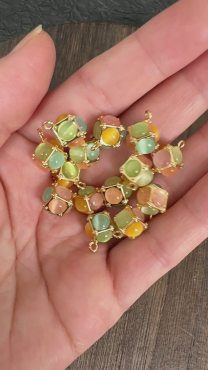 Multicolor Cat Eye Cube Charms, Gold Tone Jewelry Making Pendant