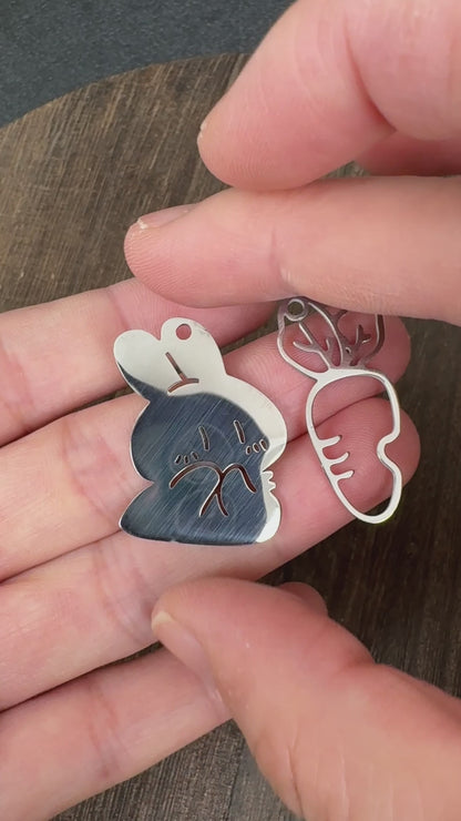 Stainless Steel Bunny and Carrot Charm Set, Rabbit Pendant, Animal Jewelry Component