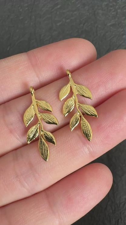 24K Real Gold Plated Copper Leaf Branch Charms, Gold Twig Pendants for Jewelry Making