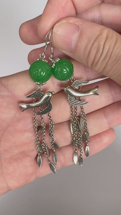 Vintage Jade Bead Bird Tassel Earrings, Silver Swallow Dangle Earrings, Handmade Bohemian Statement Jewelry, Gift for Her