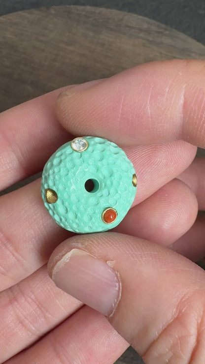 18mm Textured Turquoise Magnesite Donut Pendant, Inlaid Nanhong Crystal Gold Studded Charms for Jewelry Making
