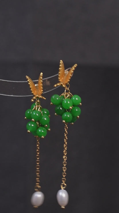Vintage Gold Flying Bird Green jade beads Earrings, Two Ways to Wear, Gift for her