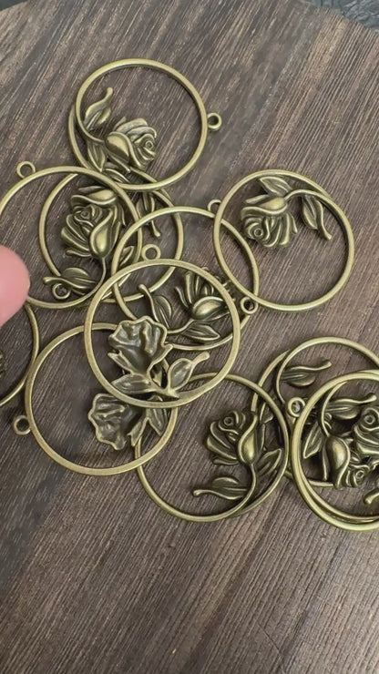 6PCS Antique Bronze Circle Rose Charms, Vintage Floral Pendants for DIY Necklace Jewelry Making