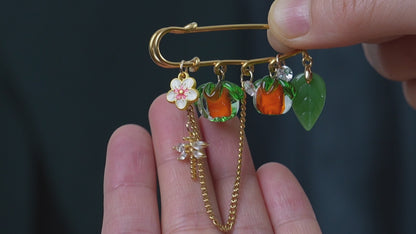 Glass Persimmon Fruit Brooch, Vintage Style Gold Pin with  Dragonfly, Mother's Day Gift
