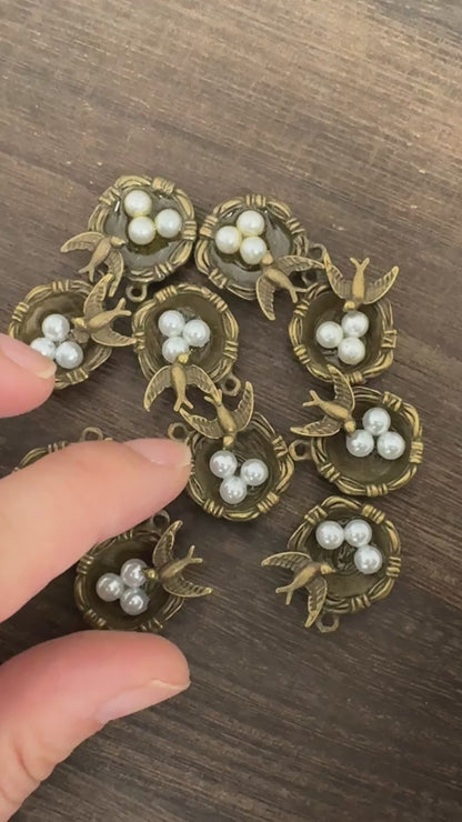 4PCS Antique Bronze Swallow Bird Nest Charms with Pearl Eggs for Jewelry Making