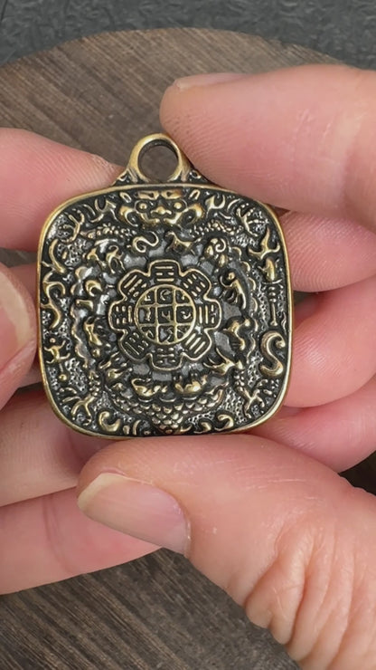 Vintage Brass Amulet Pendant, Eight Auspicious Symbols Dharma Wheel Protection Charm
