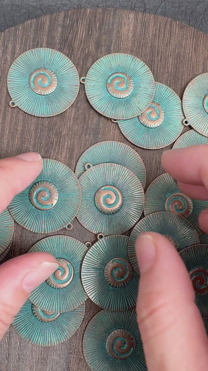 4PCS Boho Sun Spiral Disc Charms, Vintage Green Patina Copper Pendant