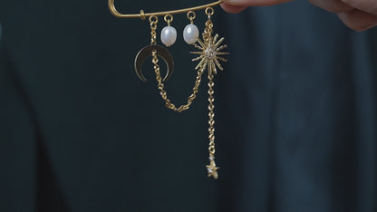 18K Stainless Steel Celestial Brooch with Moon Sun Star and Freshwater Pearl, Mother's Day Gift
