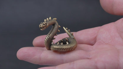 Vintage Brass Dragon & Snake Figurine, Retro Mythical Animal Statue, Feng Shui Desk Decor, Collectible Brass Ornament