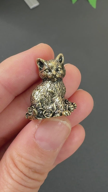 Vintage Brass Cat Figurine with Rose | Retro Small Brass Animal Decor