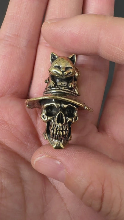 Vintage Brass Skull Cat Figurine, Gothic Home Decor, Halloween Decoration, Collectible Cat Sculpture