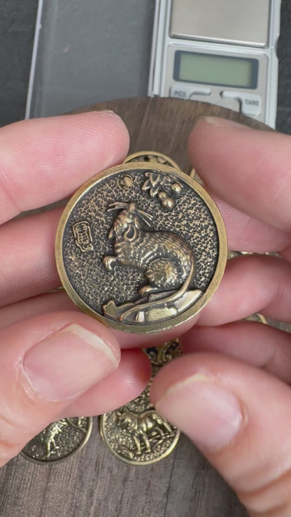 Vintage Brass Zodiac Coin Charm, Rat Ox Tiger Rabbit Dragon Snake Horse Goat Monkey Rooster Dog Pig Pendant