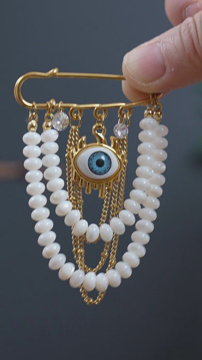 Evil Eye Pearl Brooch, 18K Gold Plated Stainless Steel, Handmade Statement Safety Pin