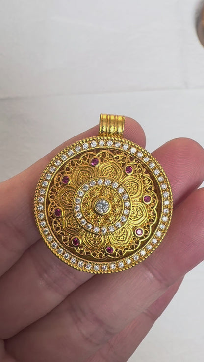 Gold Sand Compass Pendant - Zircon Crushed Ice Sunflower & Eight Lucky Symbols | DIY Jewelry Findings