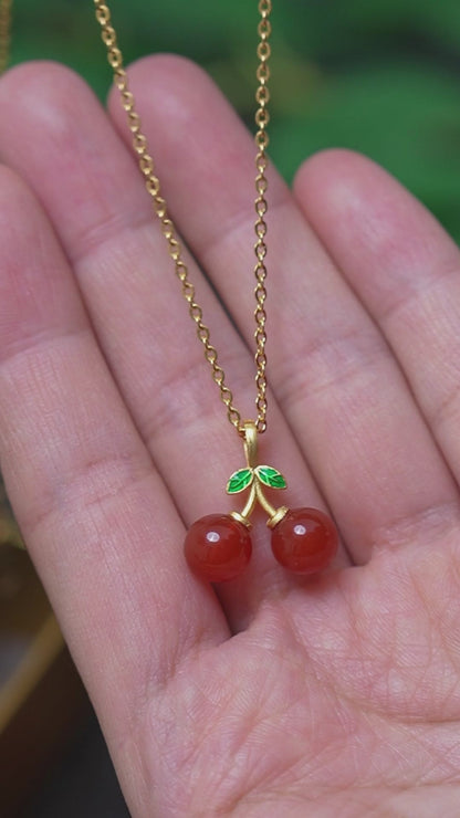 Natural Red Agate Gemstone Cherry Necklace & Earring Set • Gold Tone Fruit Jewelry • Gift for Her