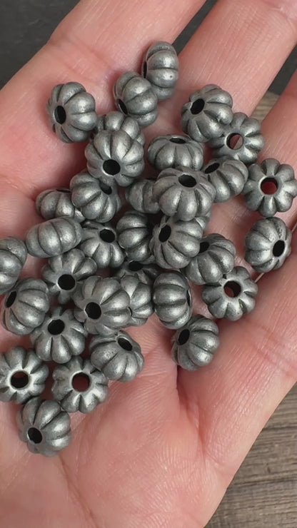 10PCS 9mm Antique Silver Tone Pumpkin Beads, Textured Metal Spacer Beads for Jewelry Making