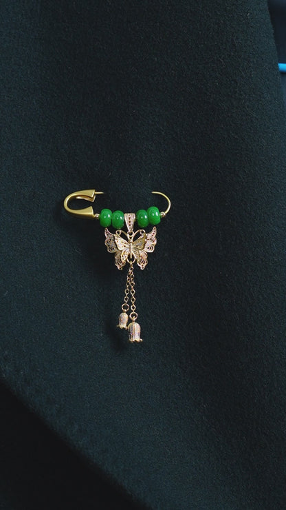 Gold Butterfly Lily of the Valley Brooch , Green Jade Safety Pin, Gift for Her
