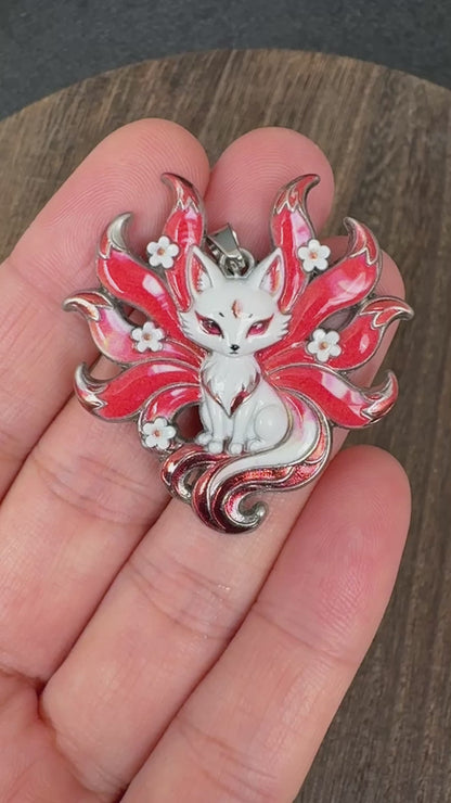 Red Nine Tailed Fox Enamel Charm，Kitsune pendant