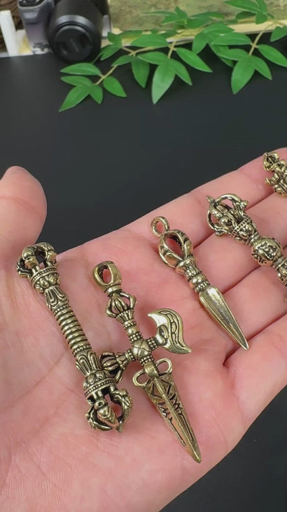 Vintage Brass Vajra Phurba Pendant, Tibetan Demon-Subduing Dagger Charm, Buddhist Protection Amulet