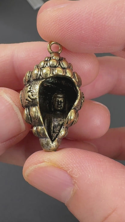 Brass Conch Shell Pendant | Tibetan Dungkar Dharma Horn | Six Syllable Mantra Buddhist Amulet
