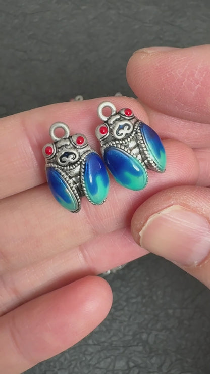 2PCS Cicada Pendants for Necklace, Tibetan Silver with Enamel, Symbol of Renewal and Success, Boho Jewelry Charm