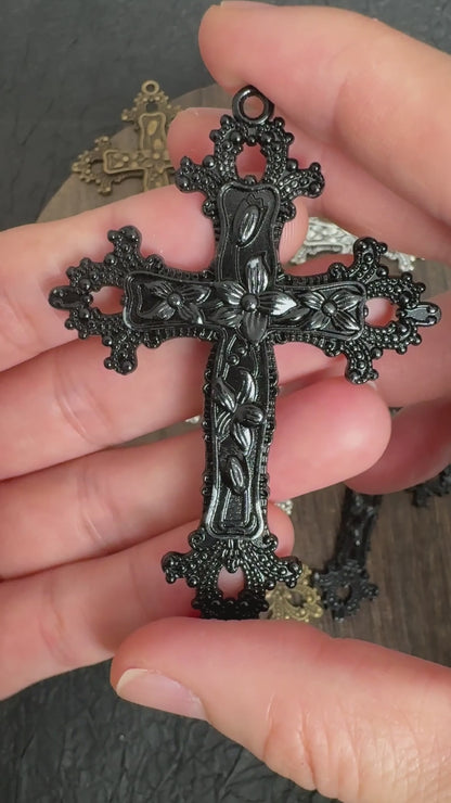 4PCS Vintage Flower Cross Charm Pendants, 3 Tone Bronze Black Silver, Ornate Religious Crucifix for DIY Rosary & Necklace Making