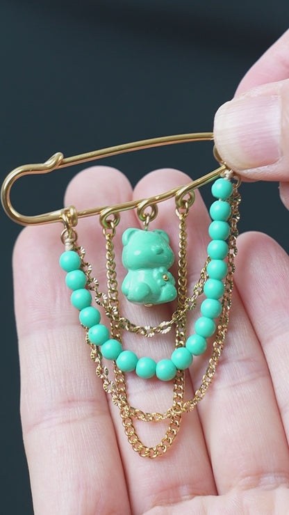Handmade Teddy Bear Safety  Brooch, Natural Magnesite Turquoise Stainless Steel Lapel Pin