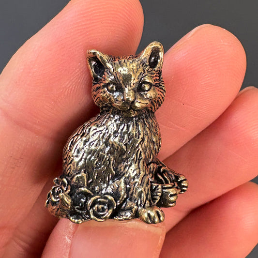 Vintage Brass Cat Figurine with Rose | Retro Small Brass Animal Decor