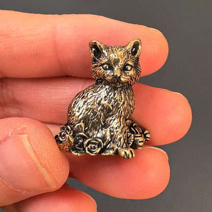 Vintage Brass Cat Figurine with Rose | Retro Small Brass Animal Decor