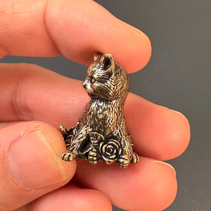 Vintage Brass Cat Figurine with Rose | Retro Small Brass Animal Decor