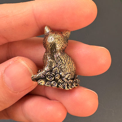 Vintage Brass Cat Figurine with Rose | Retro Small Brass Animal Decor