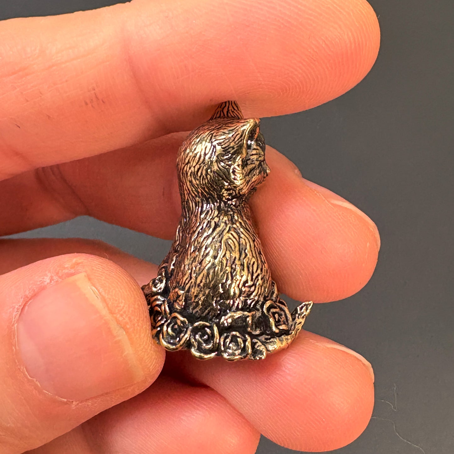 Vintage Brass Cat Figurine with Rose | Retro Small Brass Animal Decor