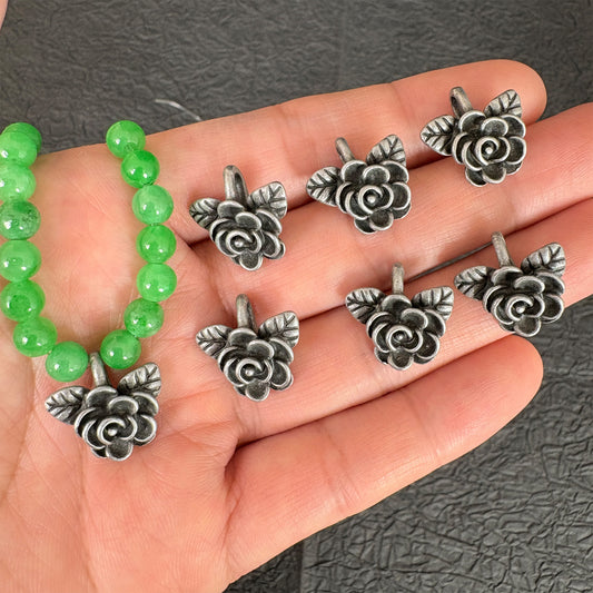 6PCS Vintage Antique Silver Rose Pendant, Retro Flower Charm for DIY Jewelry