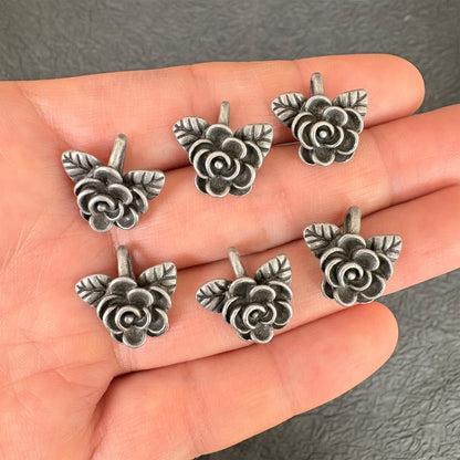 6PCS Vintage Antique Silver Rose Pendant, Retro Flower Charm for DIY Jewelry