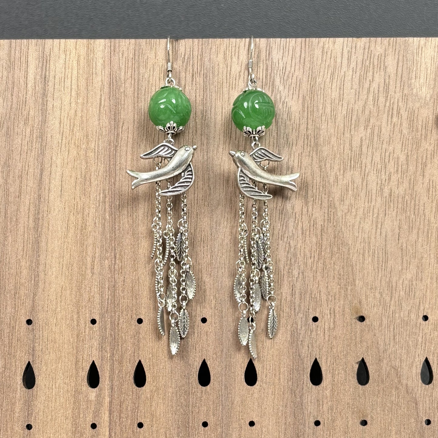 Vintage Jade Bead Bird Tassel Earrings, Silver Swallow Dangle Earrings, Handmade Bohemian Statement Jewelry, Gift for Her