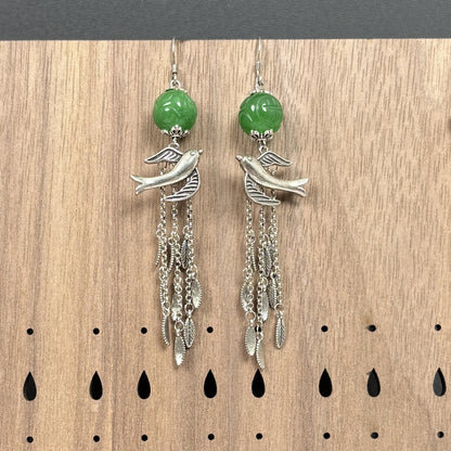 Vintage Jade Bead Bird Tassel Earrings, Silver Swallow Dangle Earrings, Handmade Bohemian Statement Jewelry, Gift for Her