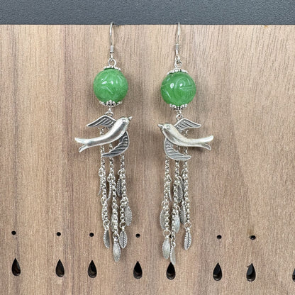 Vintage Jade Bead Bird Tassel Earrings, Silver Swallow Dangle Earrings, Handmade Bohemian Statement Jewelry, Gift for Her