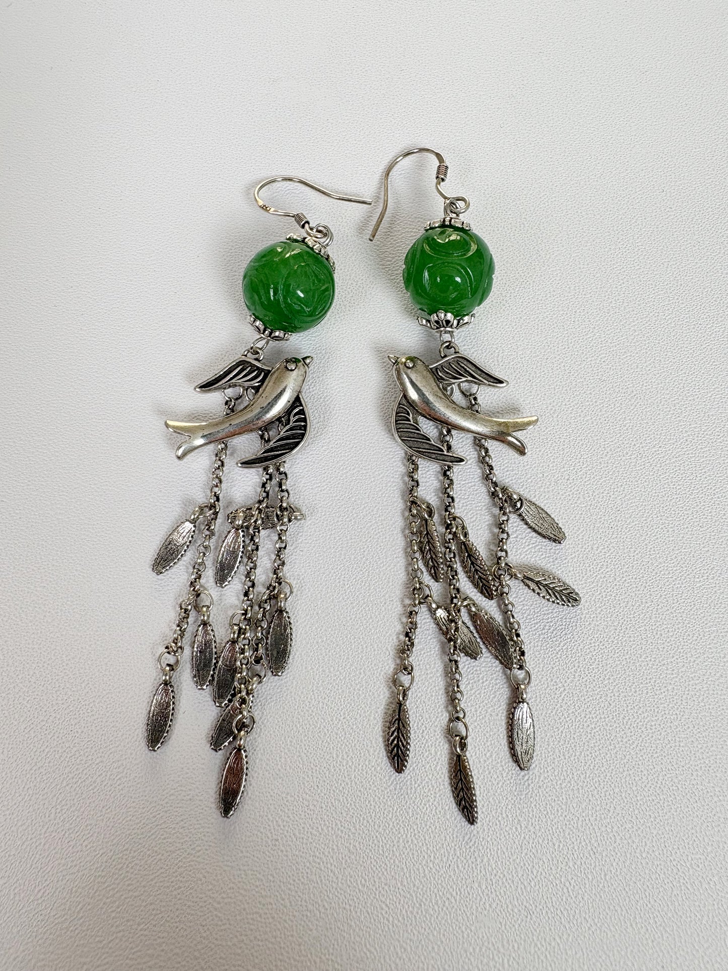 Vintage Jade Bead Bird Tassel Earrings, Silver Swallow Dangle Earrings, Handmade Bohemian Statement Jewelry, Gift for Her