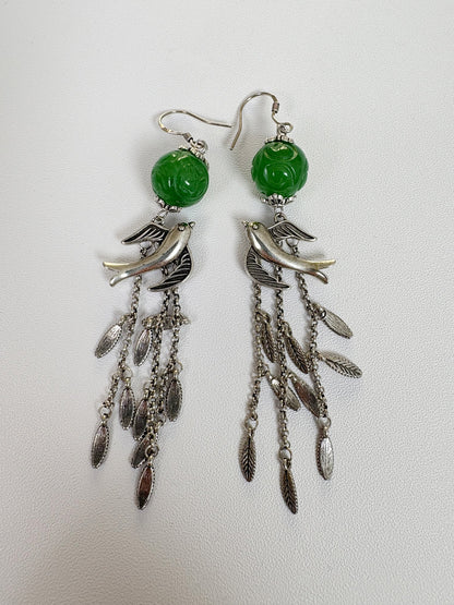 Vintage Jade Bead Bird Tassel Earrings, Silver Swallow Dangle Earrings, Handmade Bohemian Statement Jewelry, Gift for Her