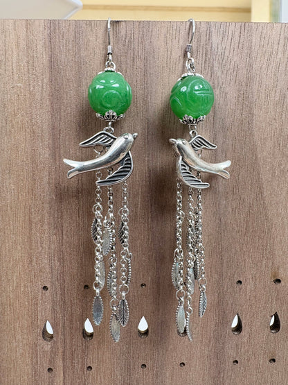 Vintage Jade Bead Bird Tassel Earrings, Silver Swallow Dangle Earrings, Handmade Bohemian Statement Jewelry, Gift for Her