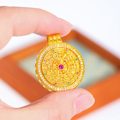Gold Sand Compass Pendant - Zircon Crushed Ice Sunflower & Eight Lucky Symbols | DIY Jewelry Findings