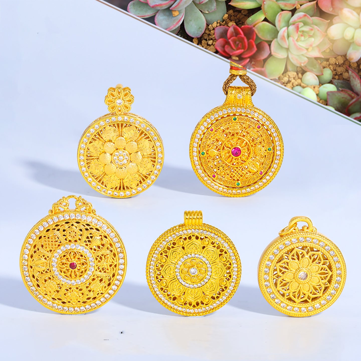 Gold Sand Compass Pendant - Zircon Crushed Ice Sunflower & Eight Lucky Symbols | DIY Jewelry Findings