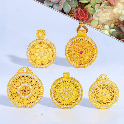 Gold Sand Compass Pendant - Zircon Crushed Ice Sunflower & Eight Lucky Symbols | DIY Jewelry Findings