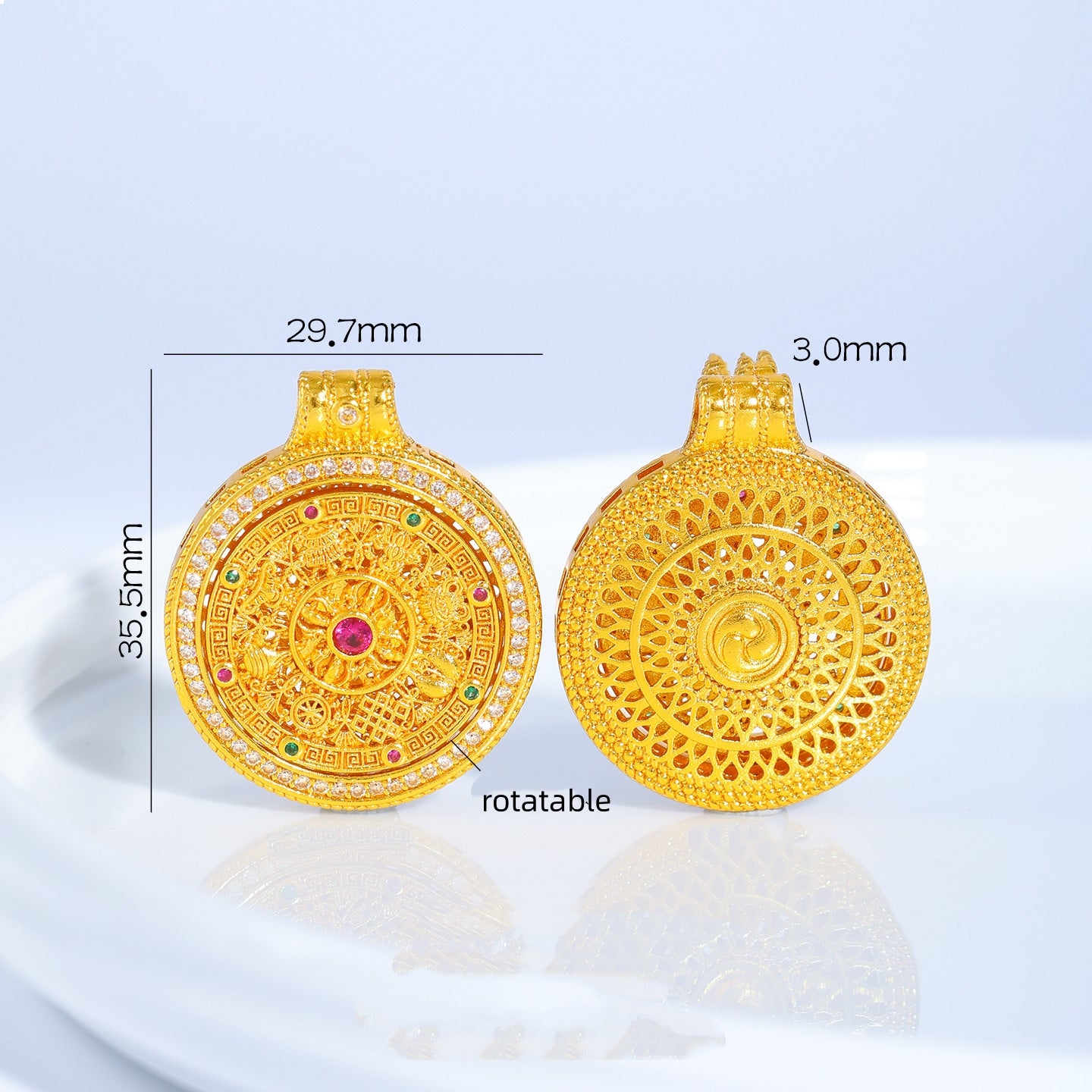 Gold Sand Compass Pendant - Zircon Crushed Ice Sunflower & Eight Lucky Symbols | DIY Jewelry Findings