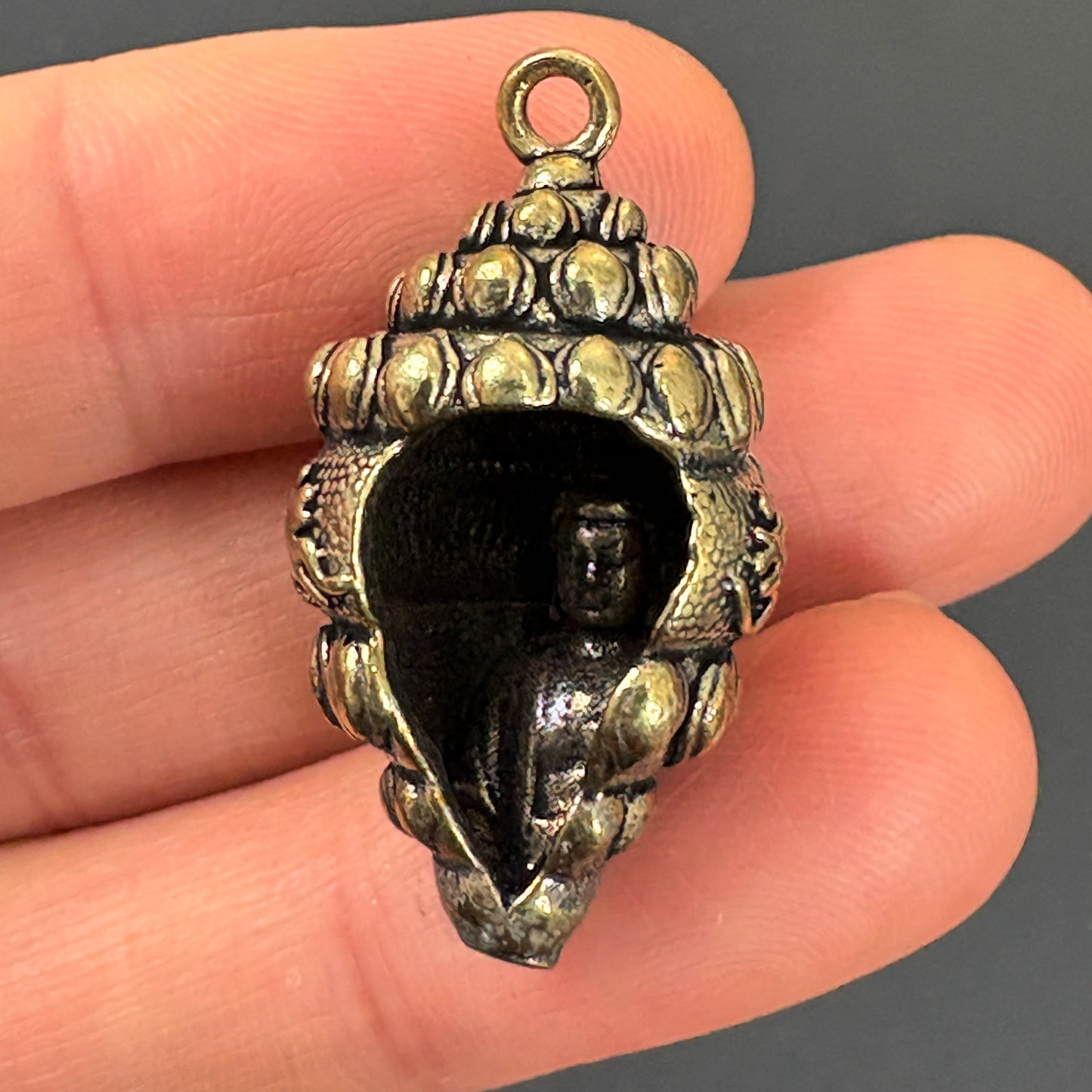 Brass Conch Shell Pendant | Tibetan Dungkar Dharma Horn | Six Syllable Mantra Buddhist Amulet