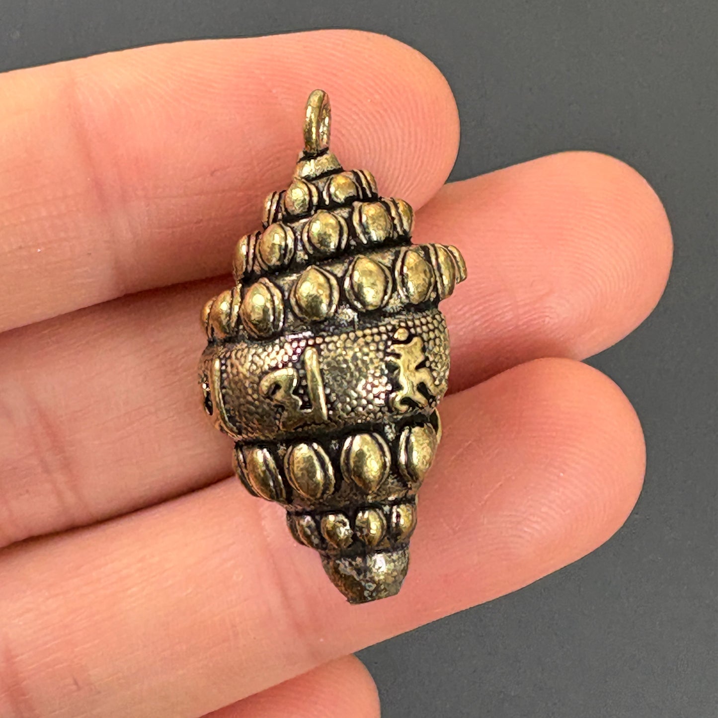 Brass Conch Shell Pendant | Tibetan Dungkar Dharma Horn | Six Syllable Mantra Buddhist Amulet
