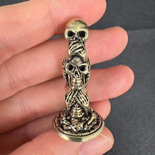 Vintage Brass Skull Figurine – See No Evil, Hear No Evil, Speak No Evil – Punk Gothic Home Decor, Male Desk Ornament